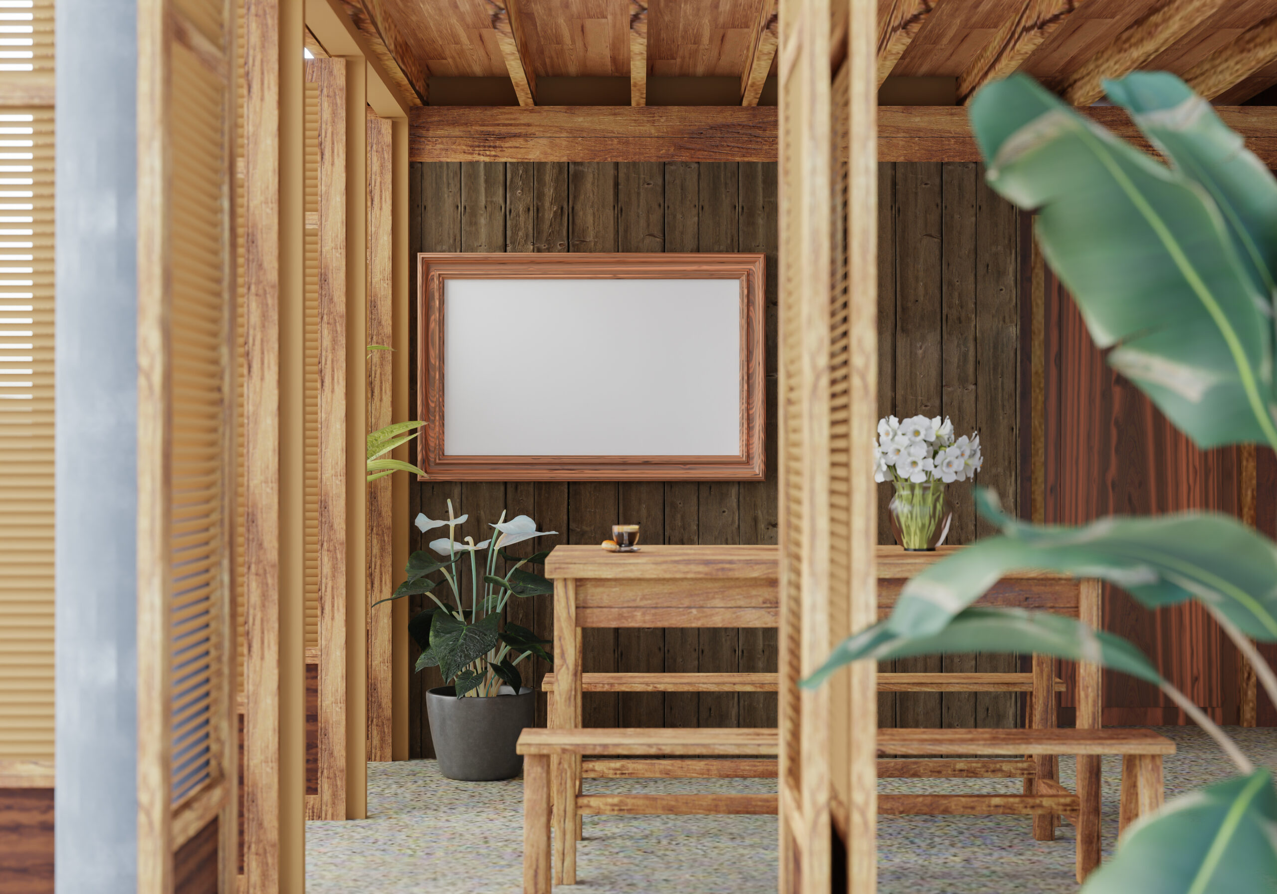 3D illustration, Mockup photo frame on the wall of dining room, Interior of comfortable with wooden table and bench,  rendering